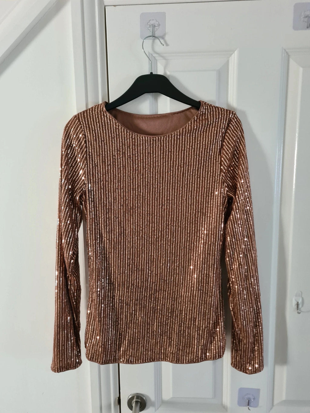 Shein women sequin gold long sleeve blouse cotton blend round neck sparly casual top shirt S