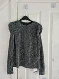 Shein women leopard print top long/puff sleeve crew neck blouse black/silver casual M/10