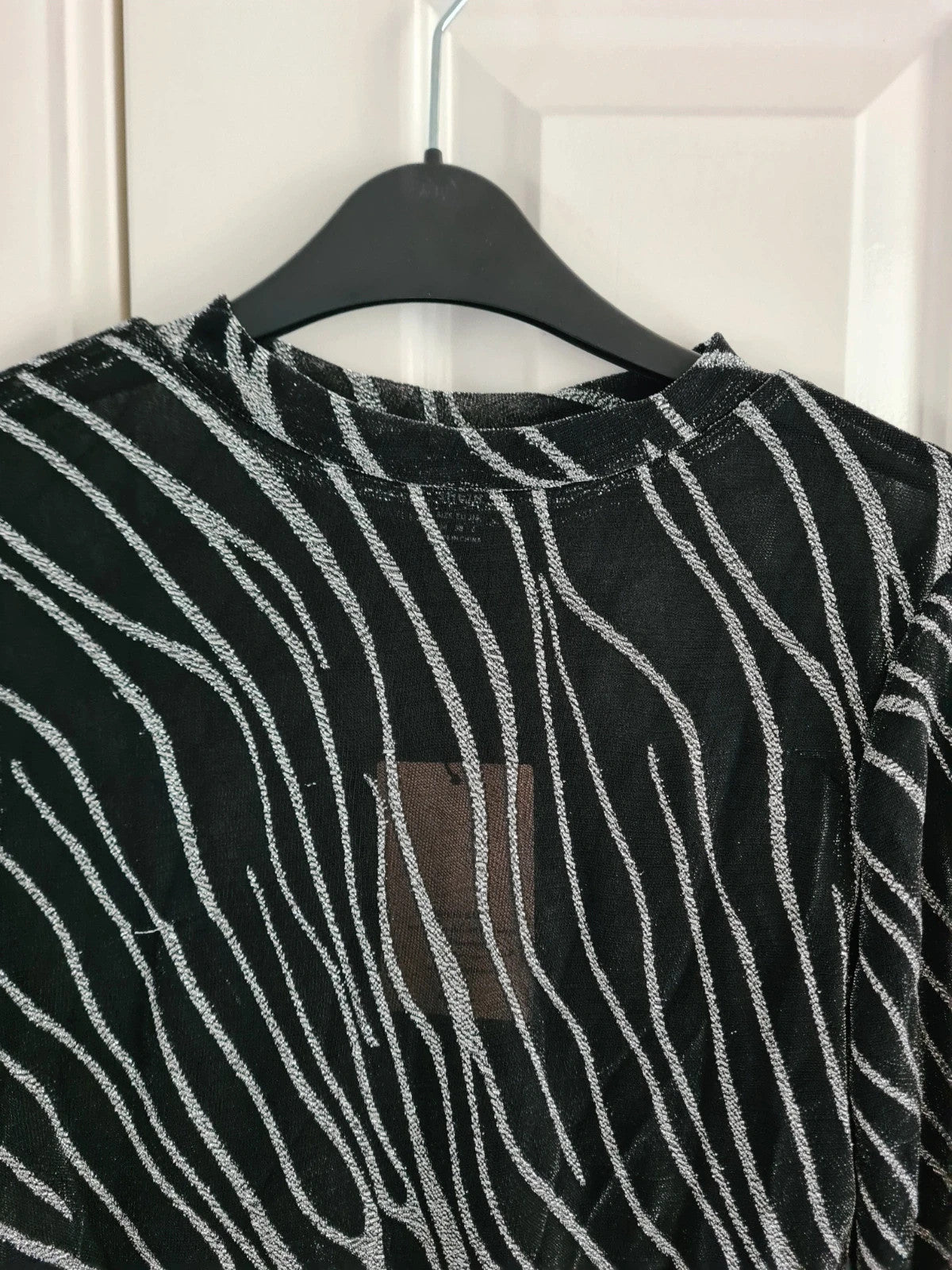 Shein women black/silver lettuce trim glitter sheer mesh top long sleeve blouse night out party M/10