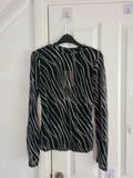 Shein women black/silver lettuce trim glitter sheer mesh top long sleeve blouse night out party M/10
