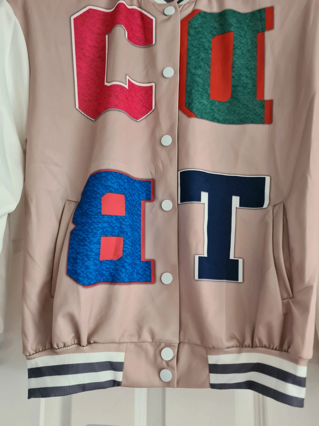 Shein women varsity jacket letter print two-tone buttons casual loose white/beige L/12
