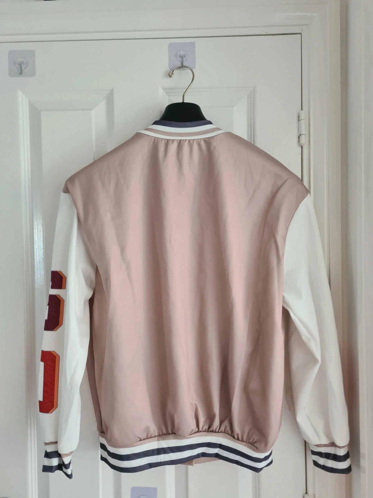 Shein women varsity jacket letter print two-tone buttons casual loose white/beige L/12