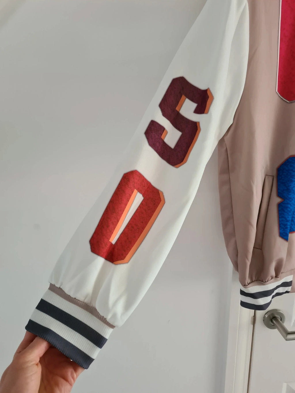 Shein women varsity jacket letter print two-tone buttons casual loose white/beige L/12