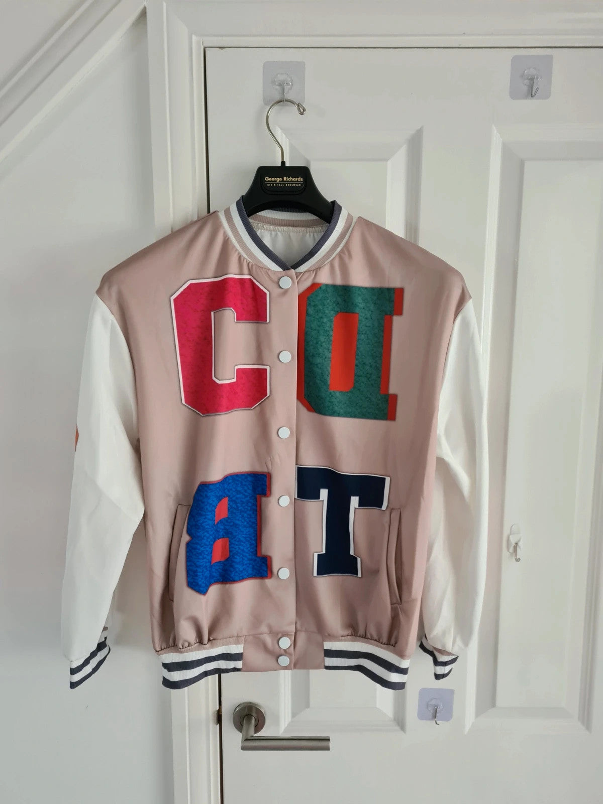 Shein women varsity jacket letter print two-tone buttons casual loose white/beige L/12