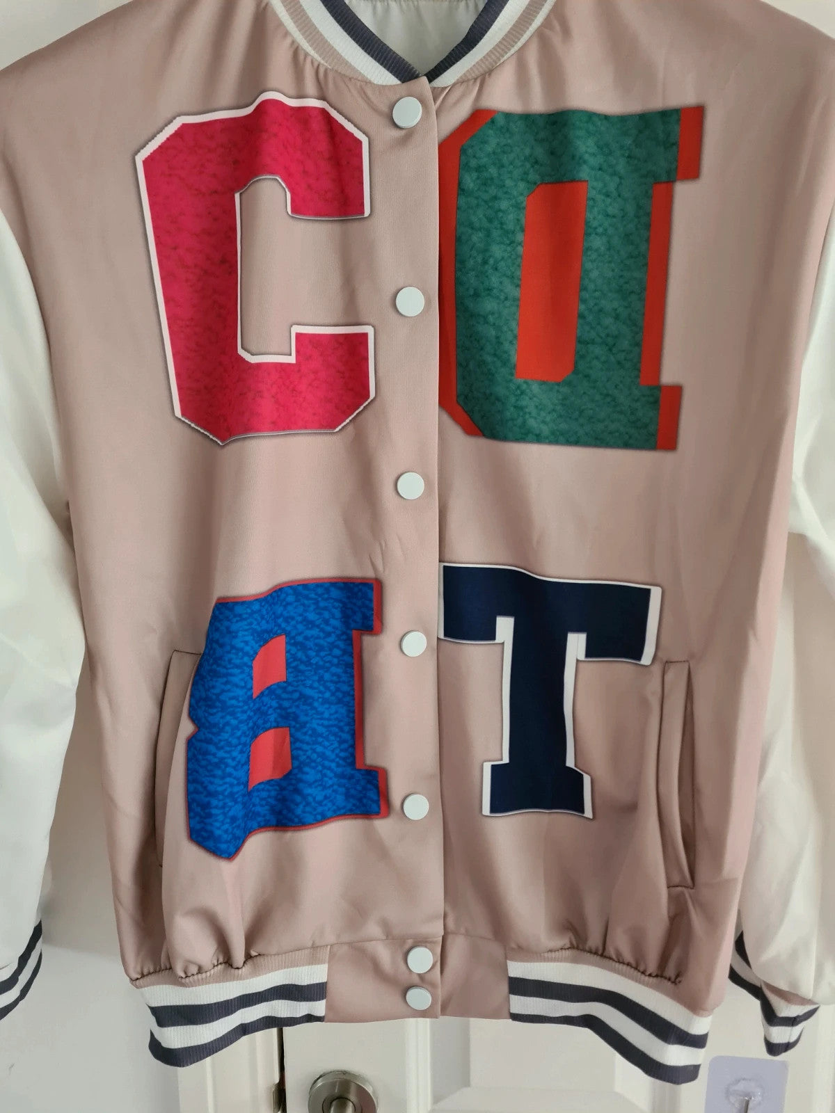 Shein women varsity jacket letter print two-tone buttons casual loose white/beige L/12