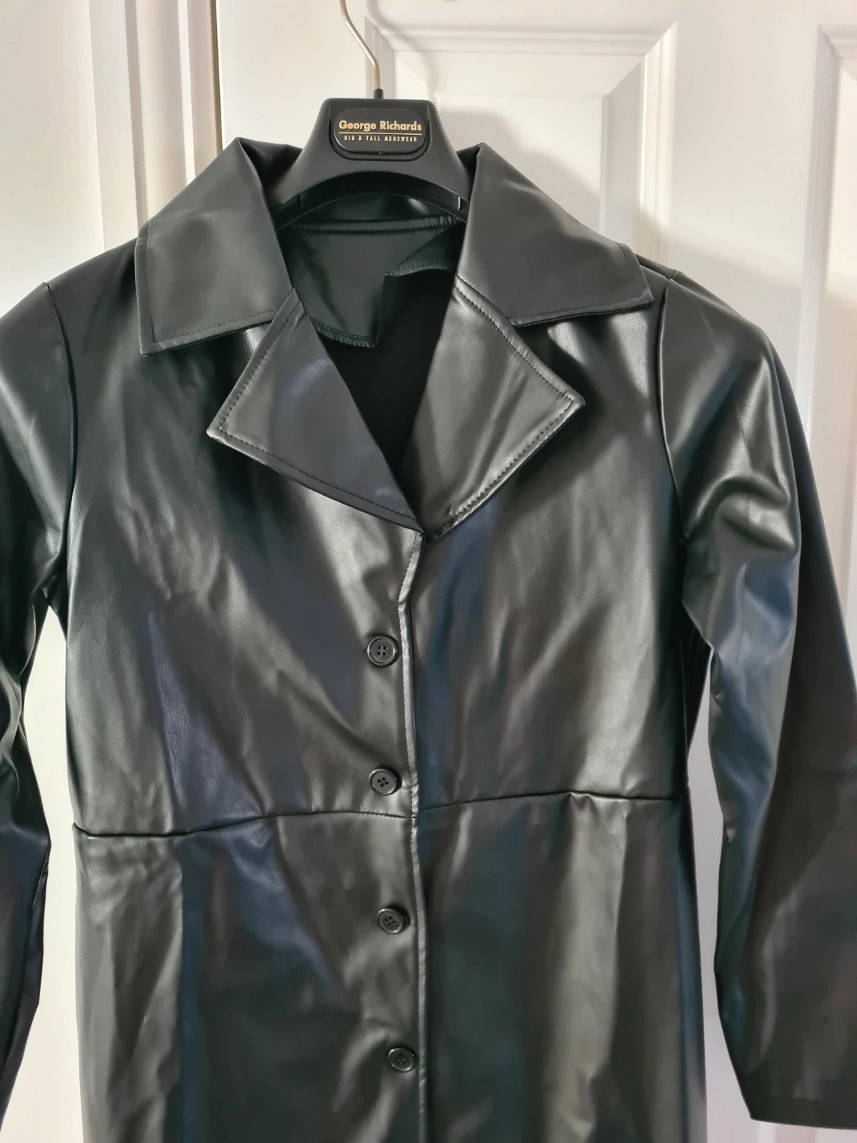 Shein women trench coat long plain faux leather turn down collar single breasted black outer M/10