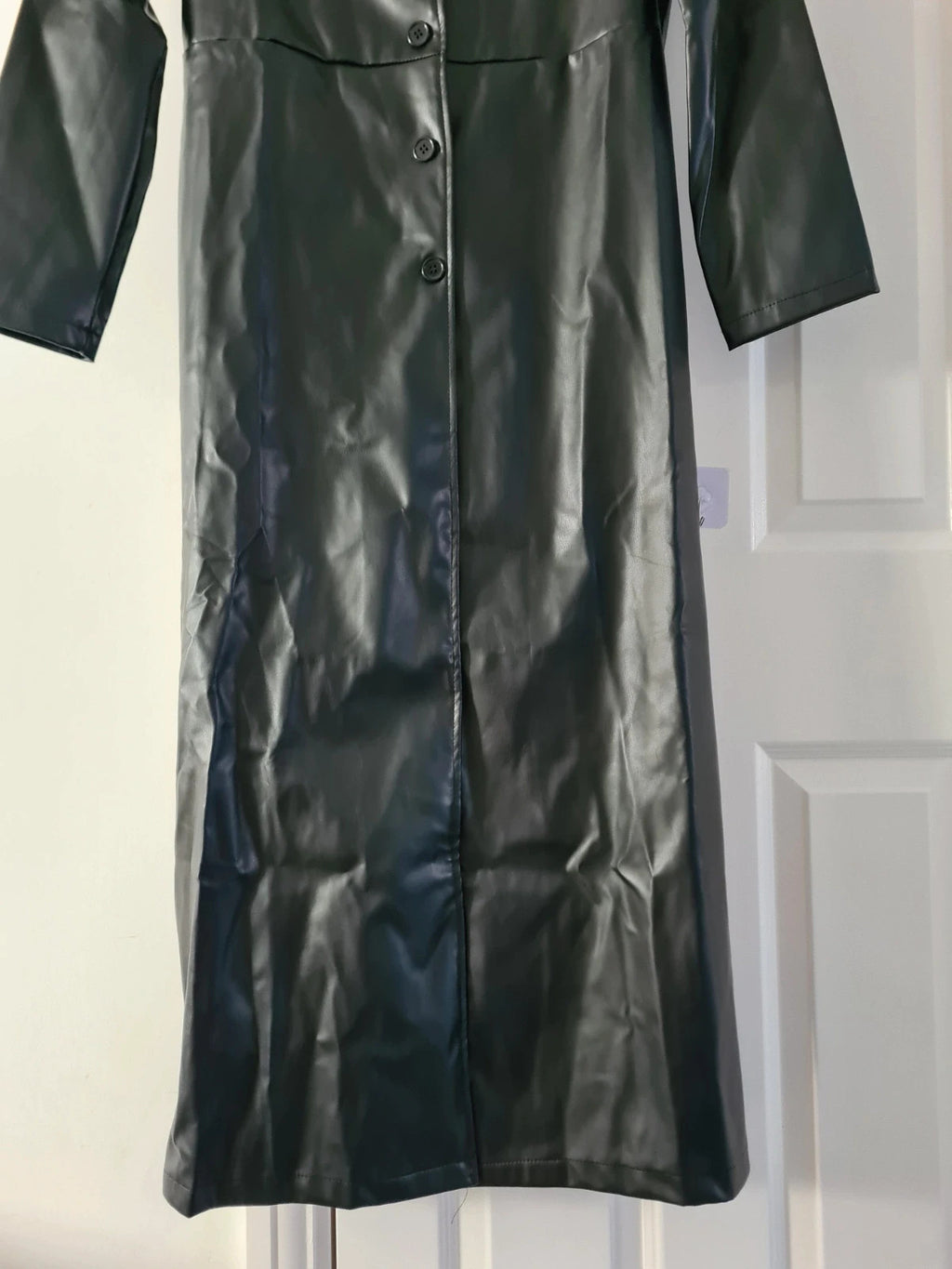 Shein women trench coat long plain faux leather turn down collar single breasted black outer M/10