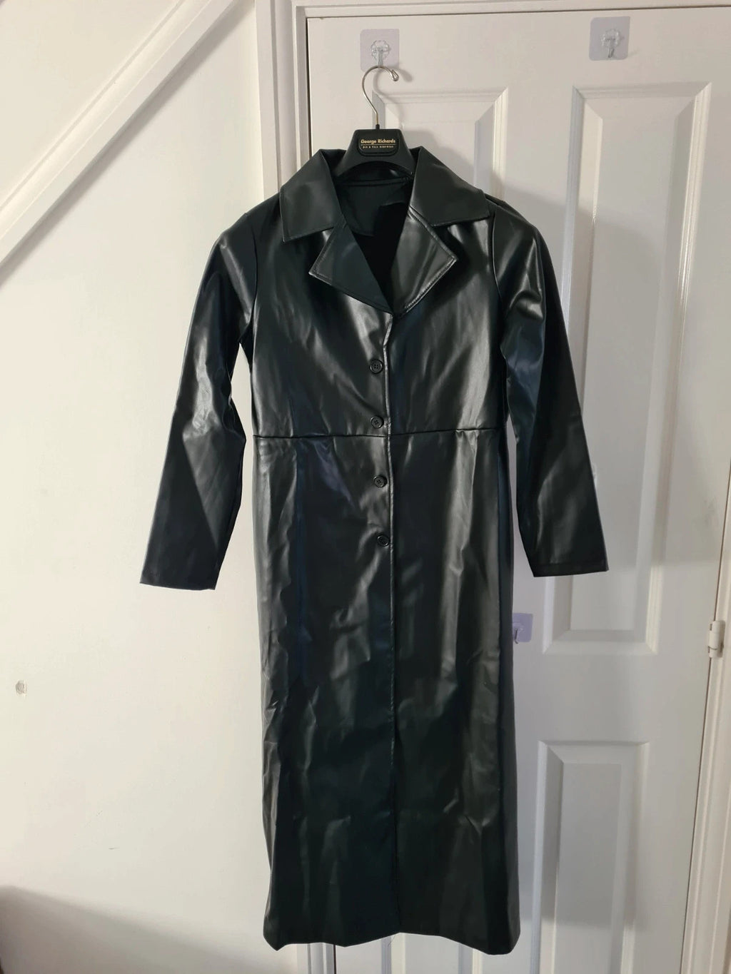 Shein women trench coat long plain faux leather turn down collar single breasted black outer M/10