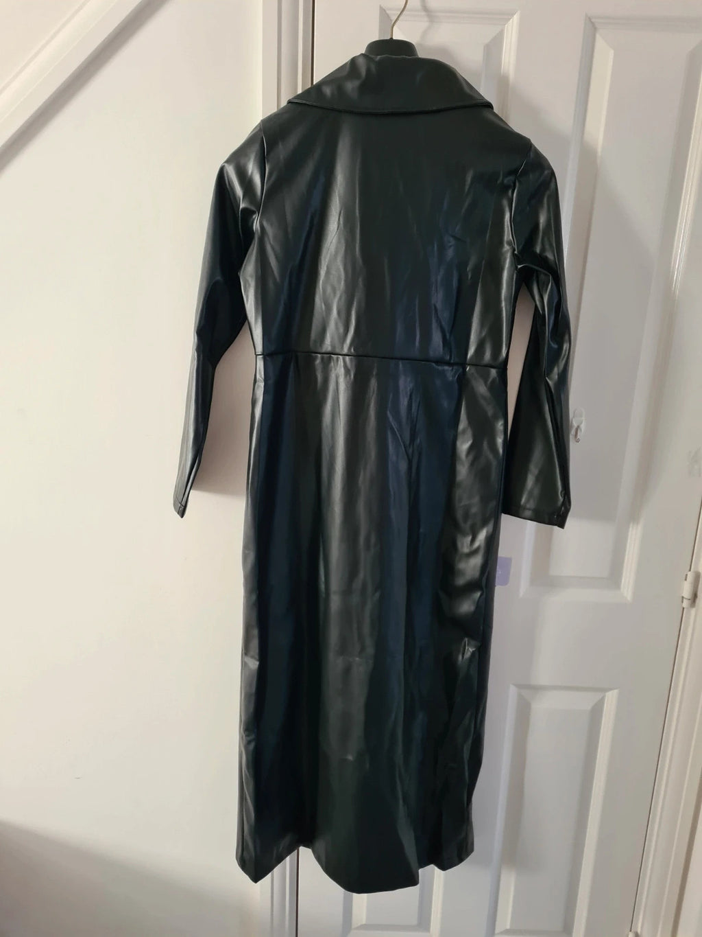Shein women trench coat long plain faux leather turn down collar single breasted black outer M/10