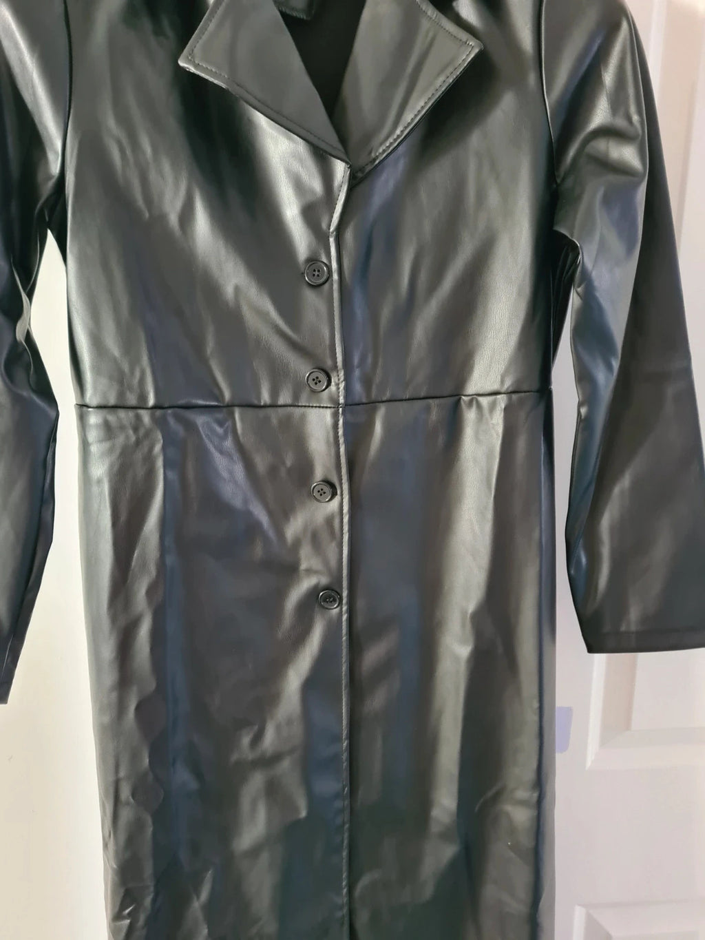 Shein women trench coat long plain faux leather turn down collar single breasted black outer M/10