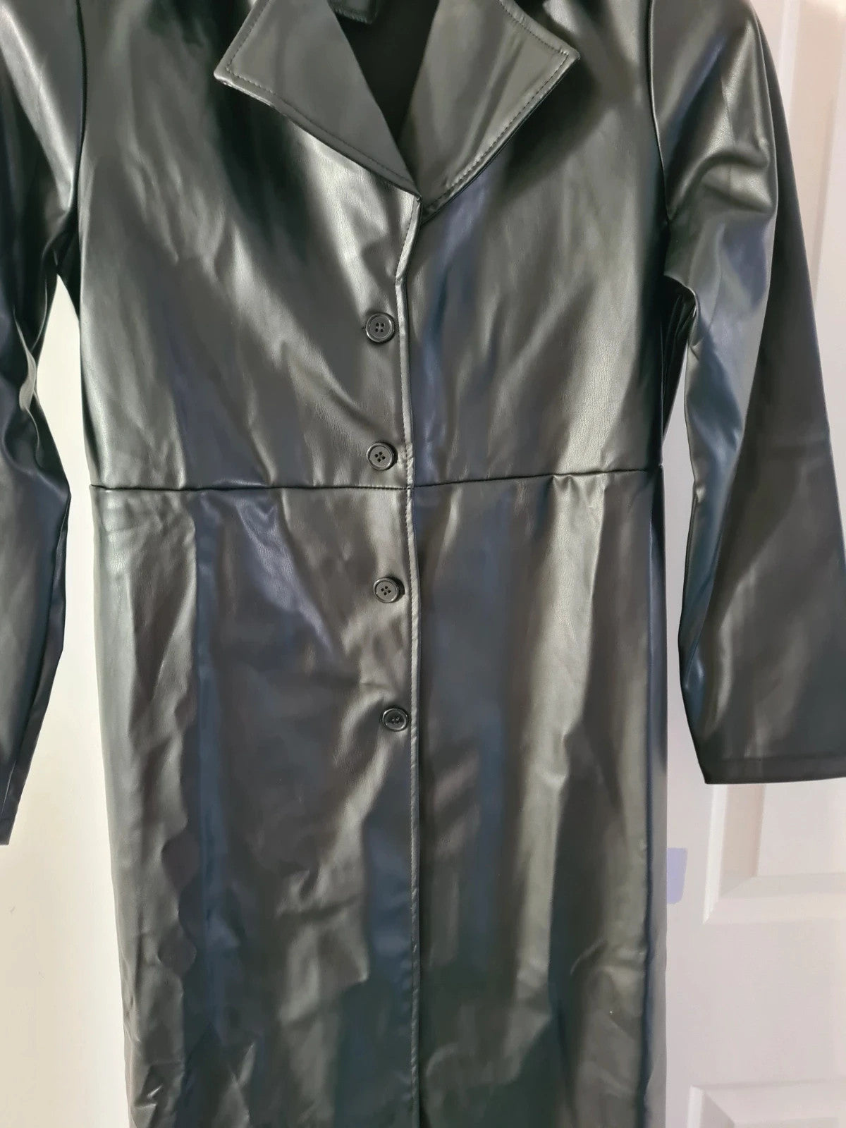 Shein women trench coat long plain faux leather turn down collar single breasted black outer M/10