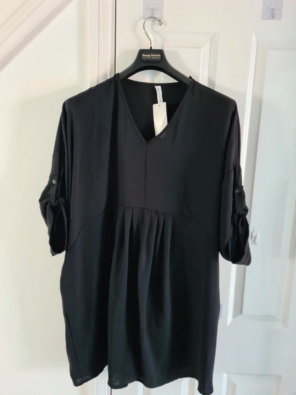 New collection women black V-neck mini dress short roll-up sleeve tunic casual 2XL-3XL/16-18