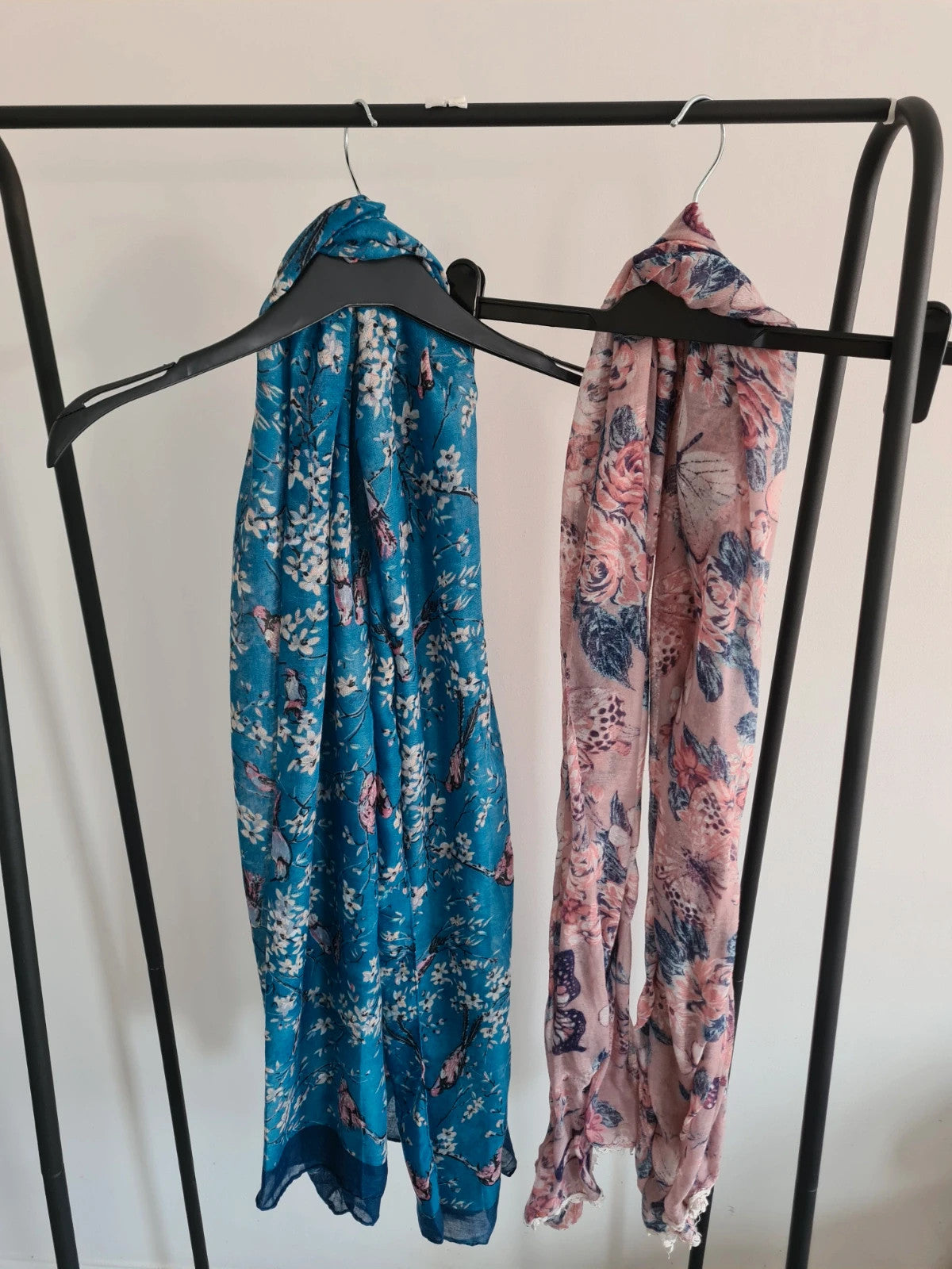 Women soft lightweight blue/pink bird butterfly flower print long scarf shawl wrap