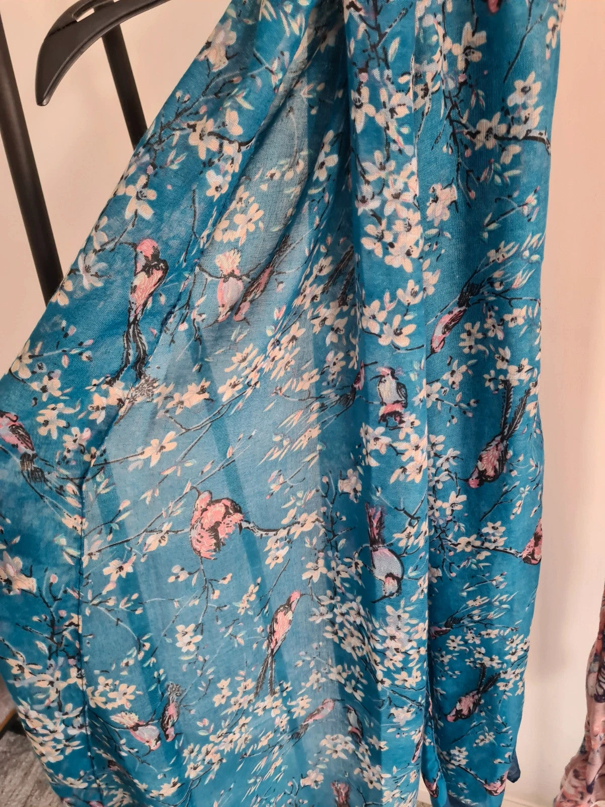 Women soft lightweight blue/pink bird butterfly flower print long scarf shawl wrap