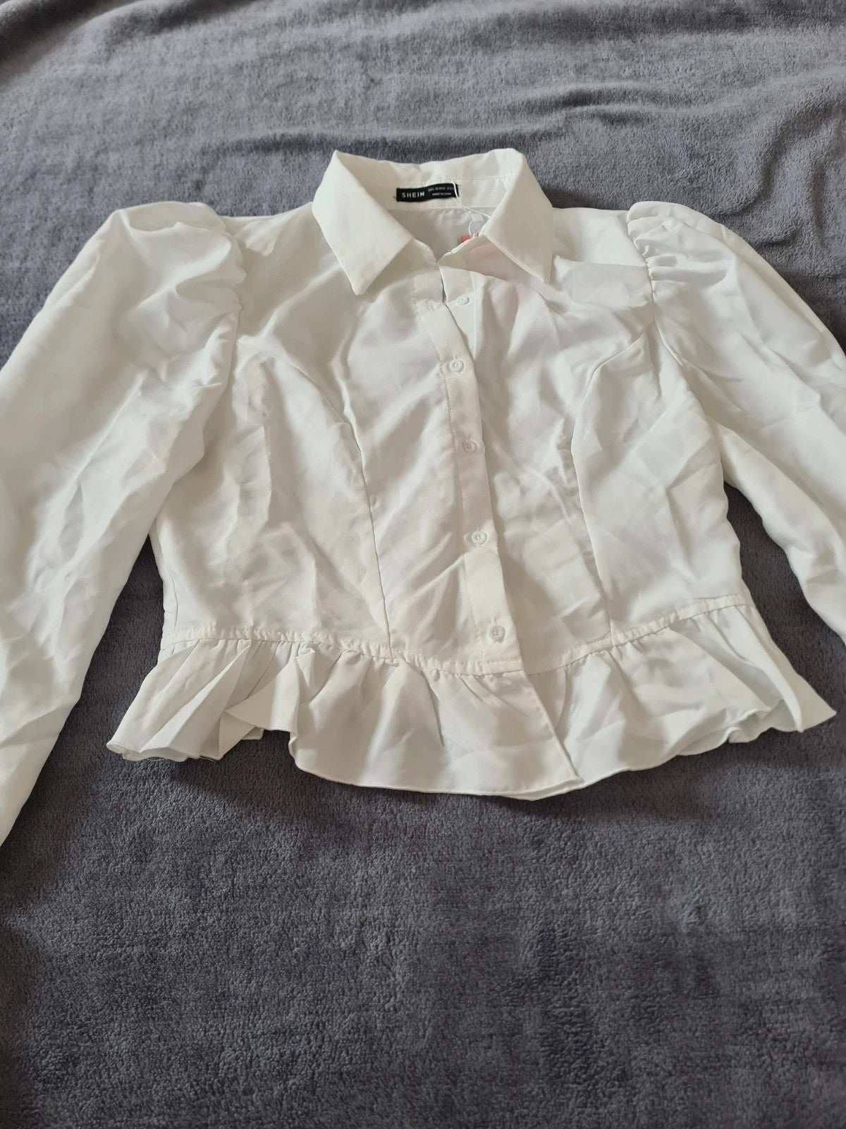 Shein women white flare long sleeve ruffle hem puff sleeve collar neck waisted shirt blouse top L/12