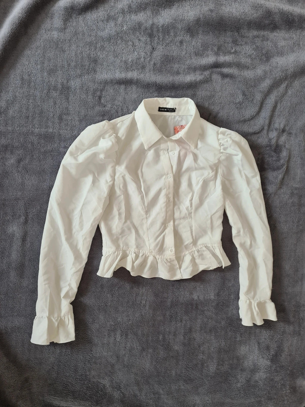 Shein women white flare long sleeve ruffle hem puff sleeve collar neck waisted shirt blouse top L/12