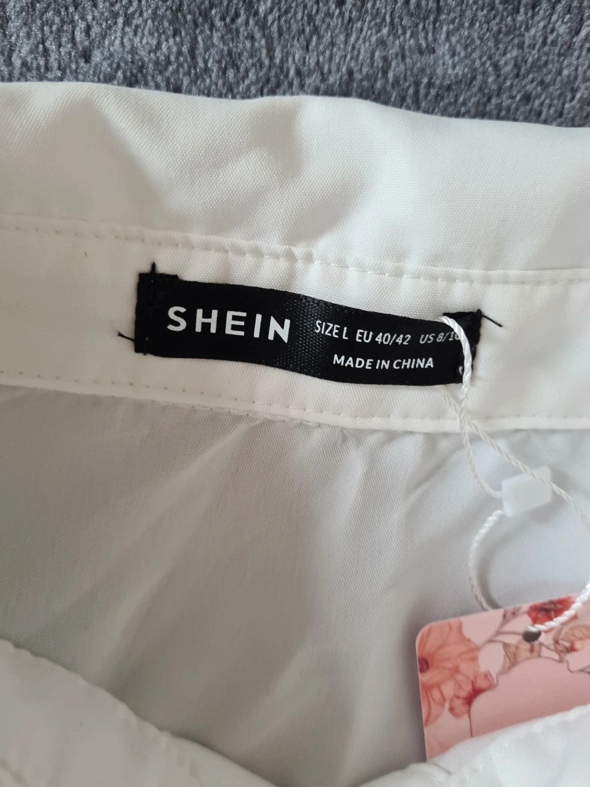 Shein women white flare long sleeve ruffle hem puff sleeve collar neck waisted shirt blouse top L/12