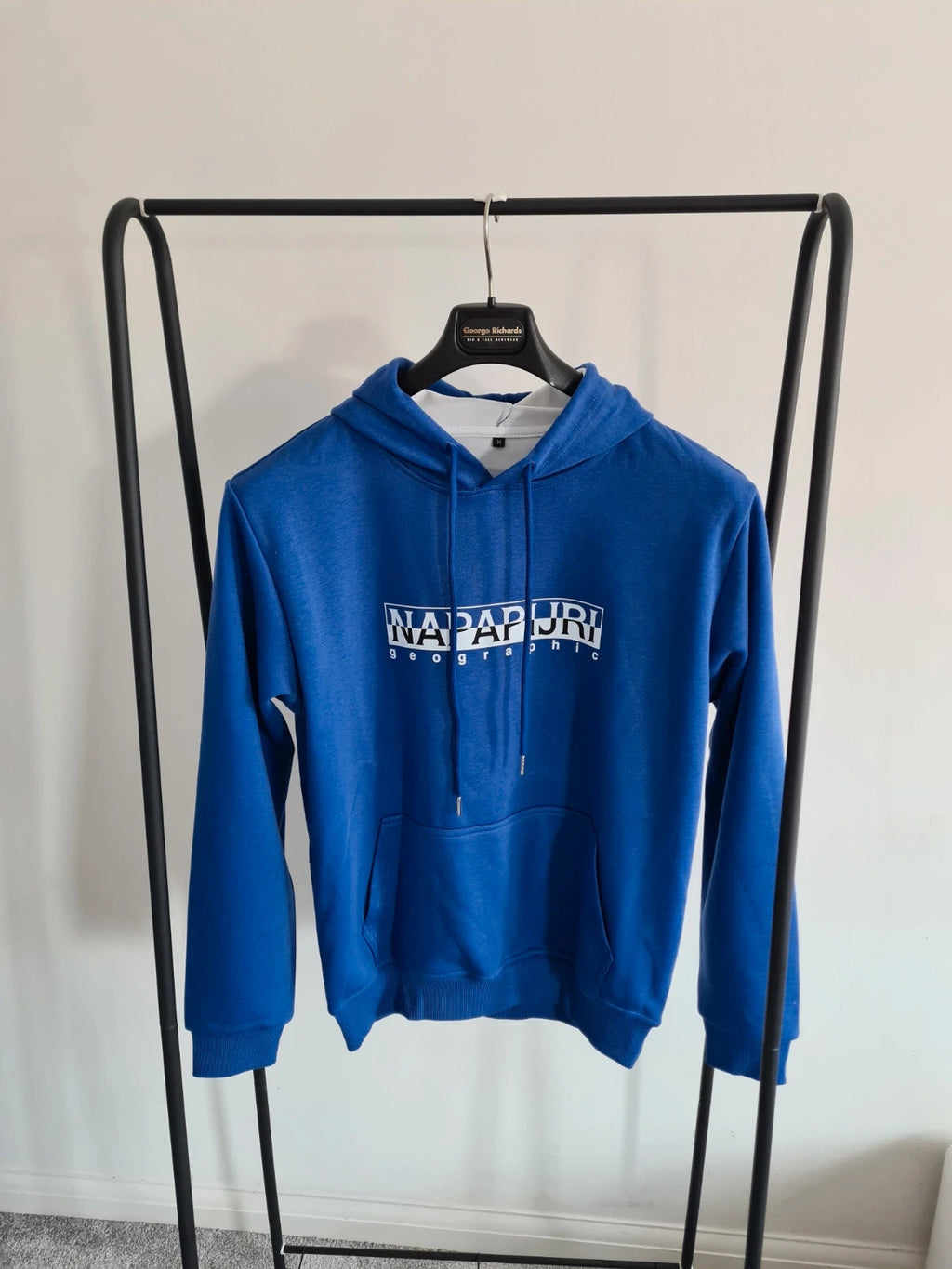 Shein Men's blue hoodie with kangaroo pocket cotton blend print letters on the front casual jumper M