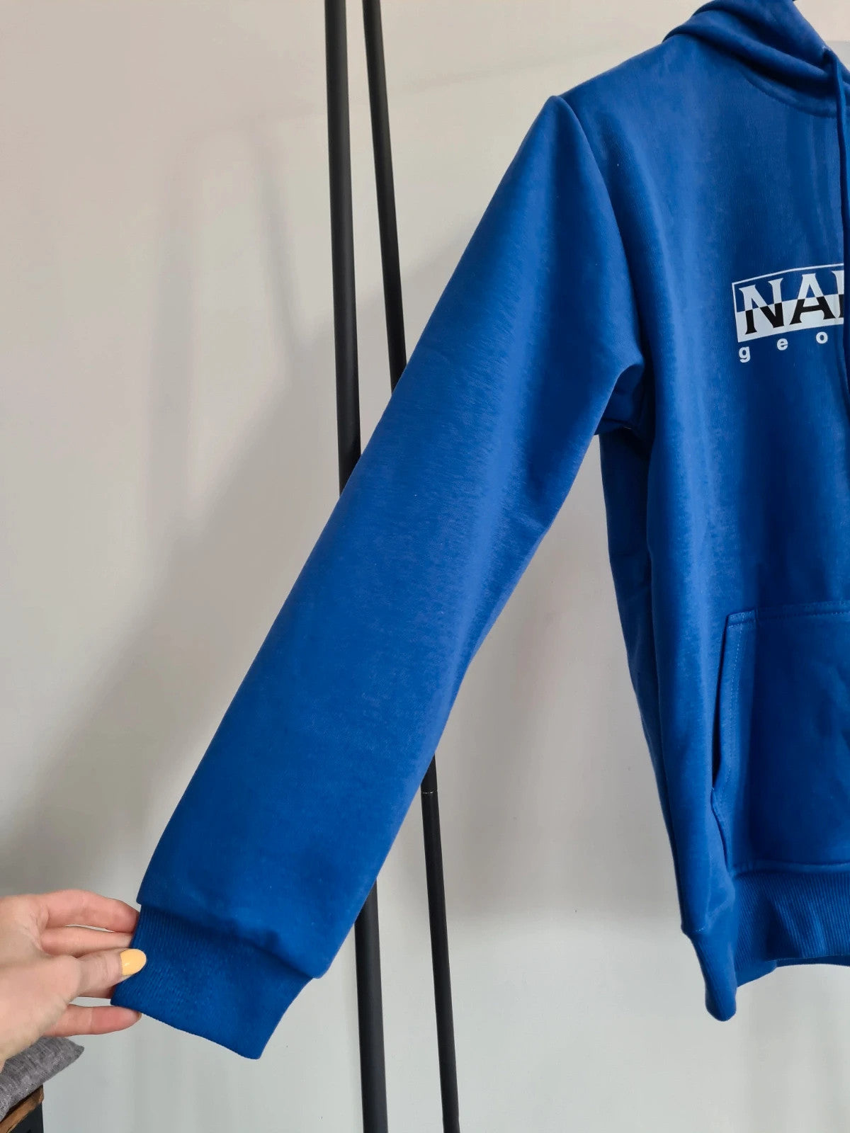 Shein Men's blue hoodie with kangaroo pocket cotton blend print letters on the front casual jumper M