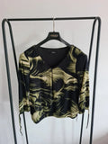 Roman women brush print V-neck tie 3/4 sleeve top green blouse banded hem casual L/12