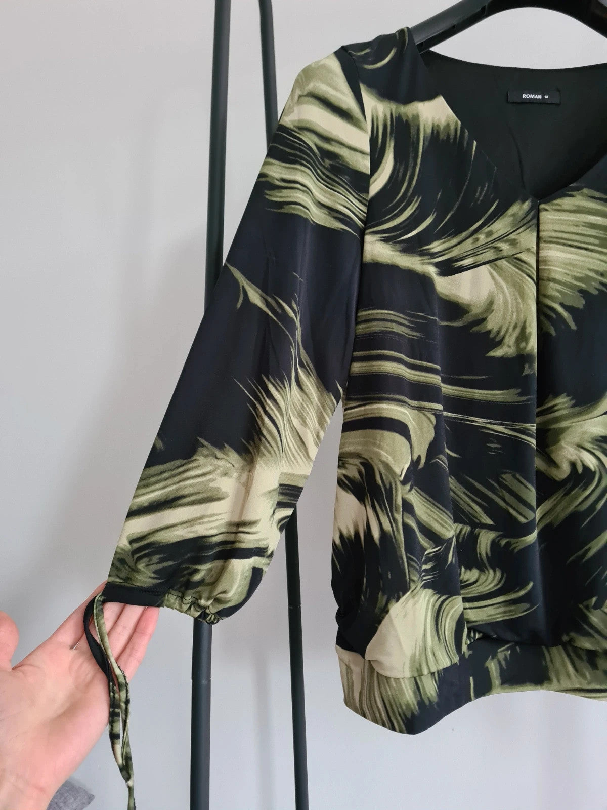 Roman women brush print V-neck tie 3/4 sleeve top green blouse banded hem casual L/12