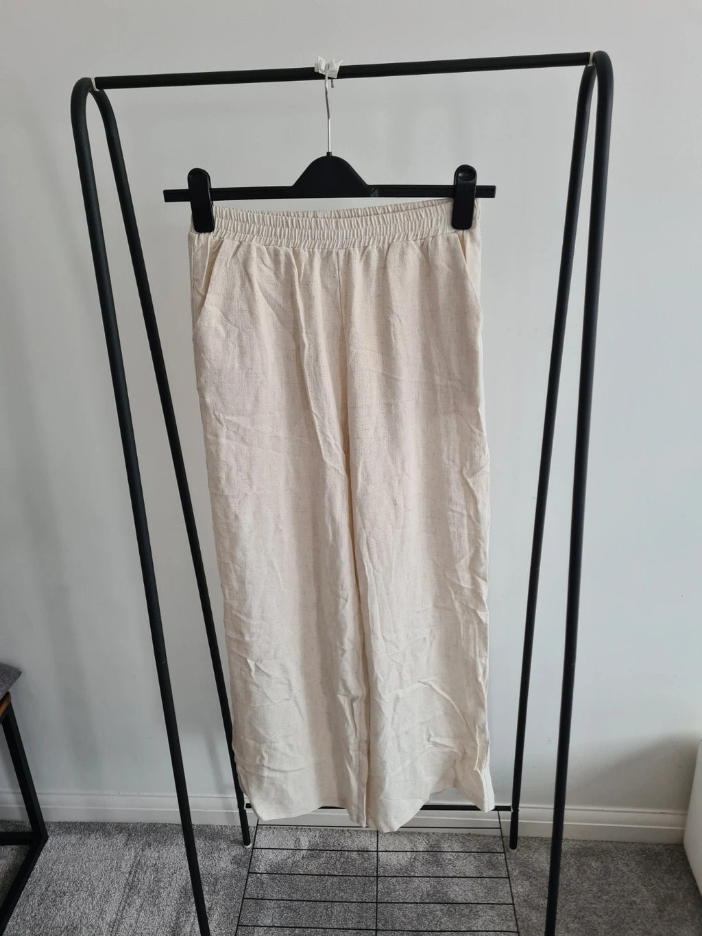 Shein women tall solid cream straight wide leg viscose linien blend trousers casual pants S
