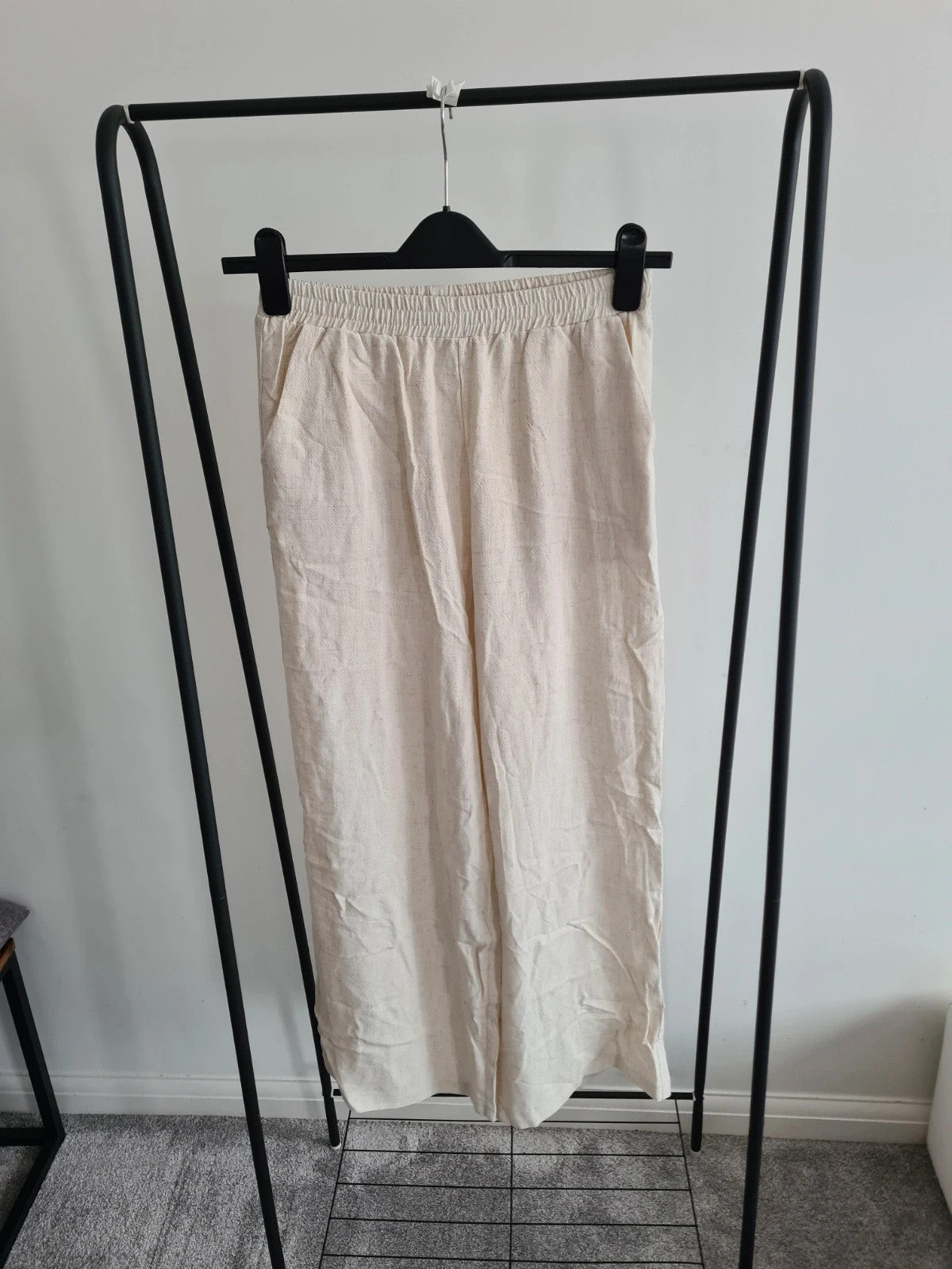Shein women tall solid cream straight wide leg viscose linien blend trousers casual pants S