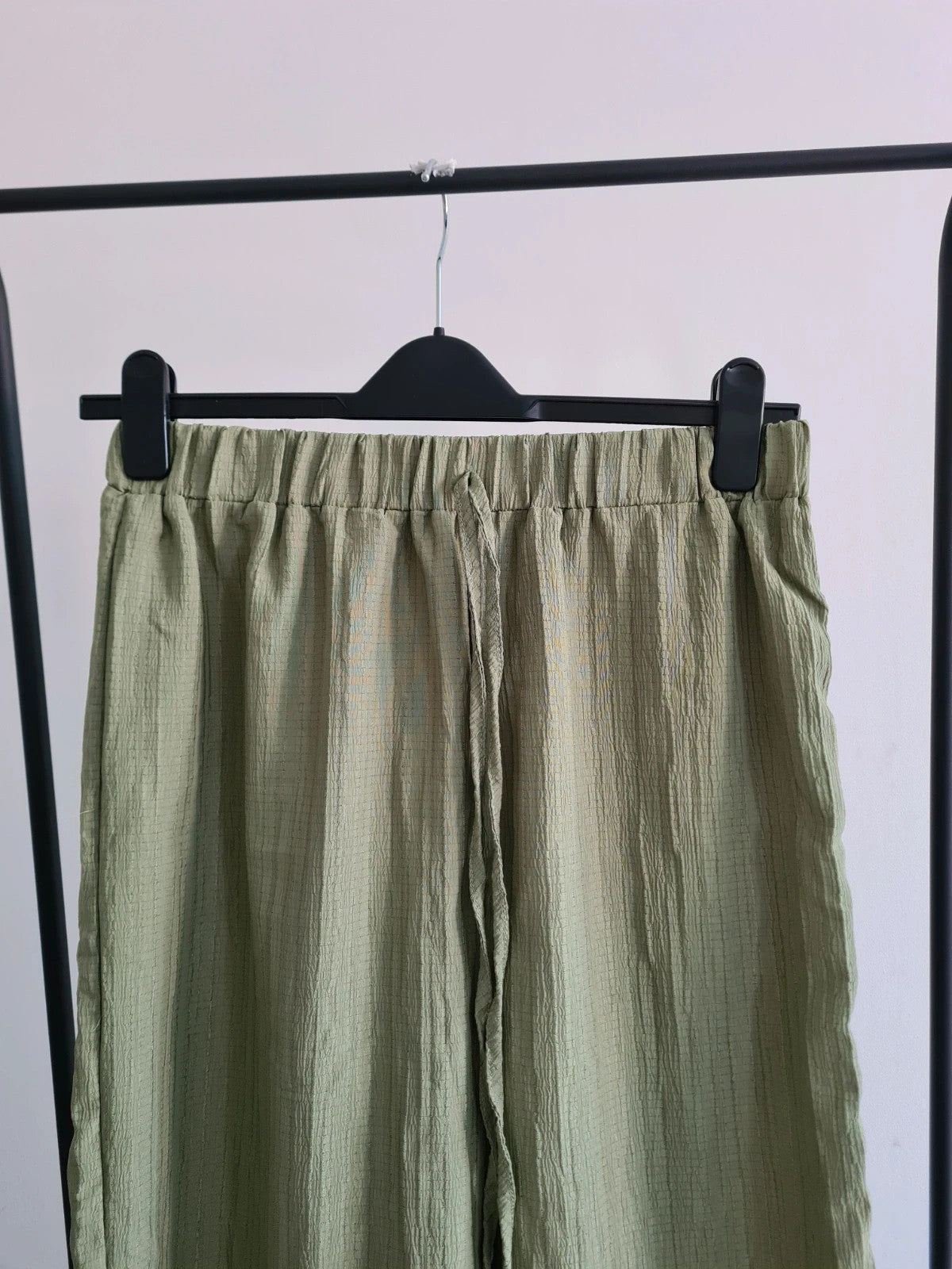 Shein striped wide straight leg khaki/green drawstring trousers summer casual pants L/12