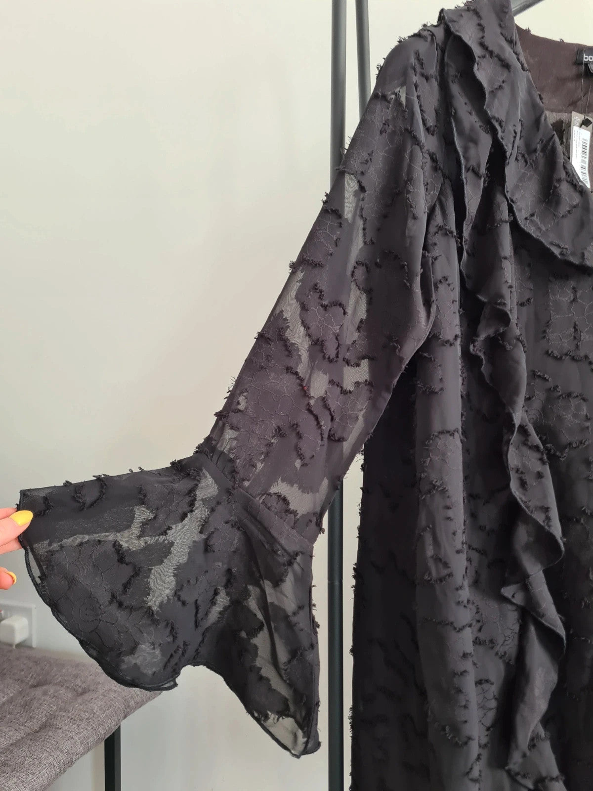 Boohoo women black burnout floral ruffle shift mini dress long sleeve party dress plus size 3XL/18