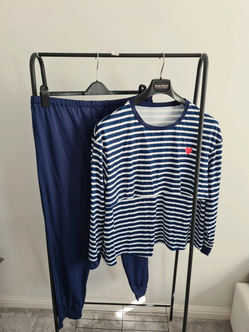 Shein women maternity nursing striped long sleeve top joggers pyjamas set lounge navy/white XL/14