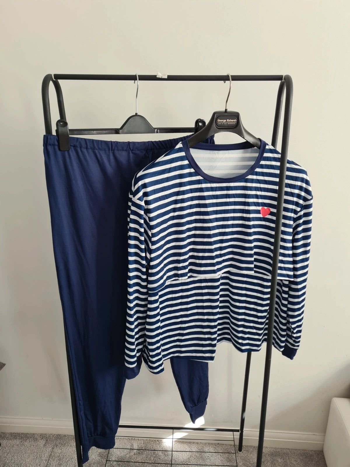 Shein women maternity nursing striped long sleeve top joggers pyjamas set lounge navy/white XL/14