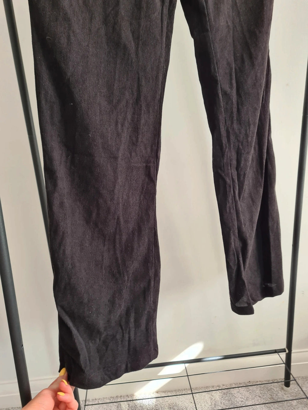 Shein women solid black trousers belted zip on the side ribbed straight leg casual pants M/10