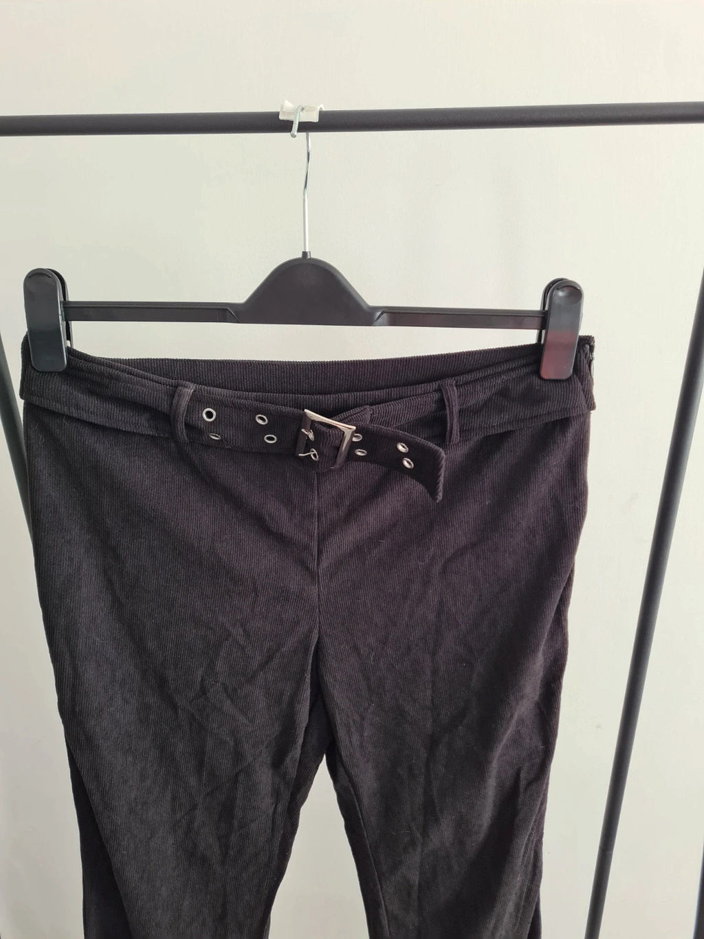 Shein women solid black trousers belted zip on the side ribbed straight leg casual pants M/10