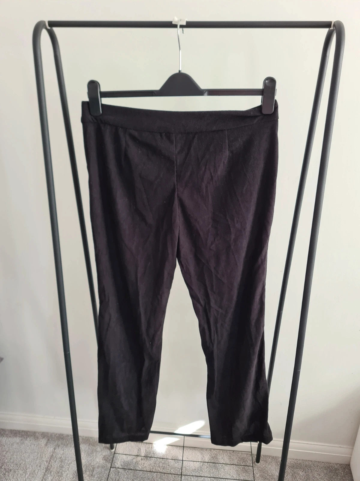 Shein women solid black trousers belted zip on the side ribbed straight leg casual pants M/10