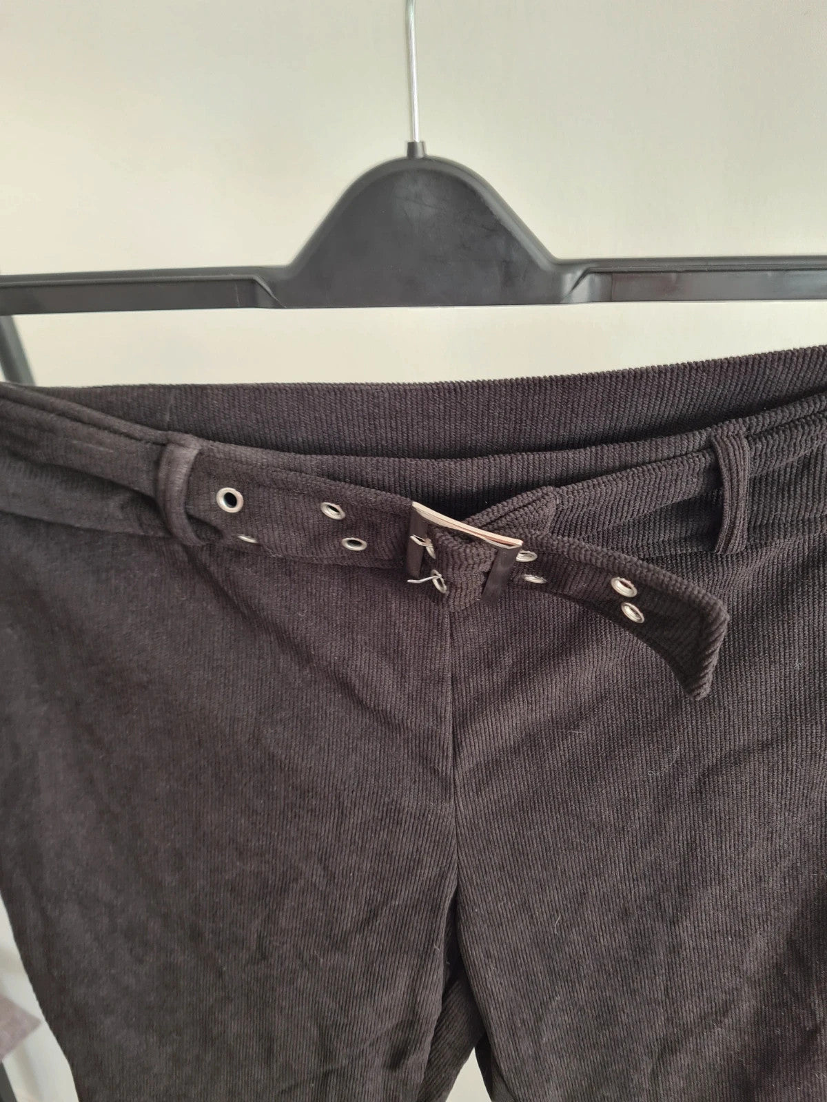 Shein women solid black trousers belted zip on the side ribbed straight leg casual pants M/10