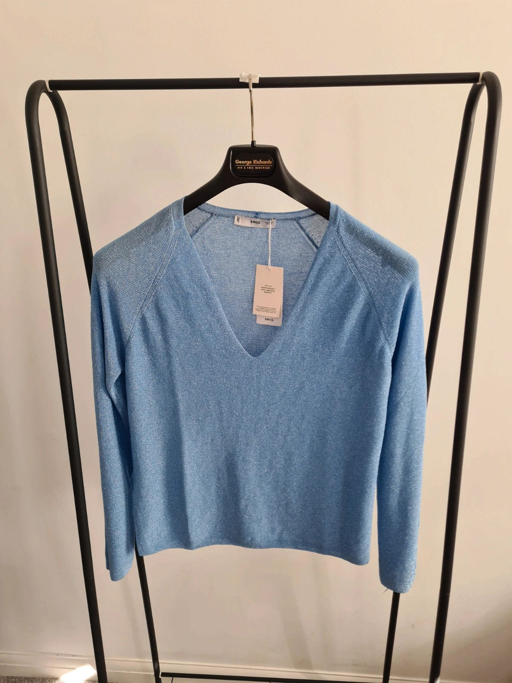 Mango women kling fine knit metalic jumper long sleeve plunge neck pastel blue casual XL/14