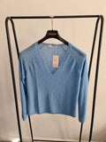 Mango women kling fine knit metalic jumper long sleeve plunge neck pastel blue casual XL/14