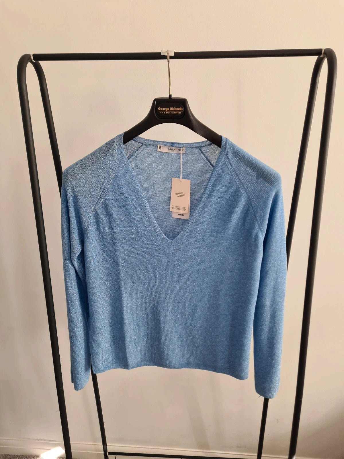 Mango women kling fine knit metalic jumper long sleeve plunge neck pastel blue casual XL/14