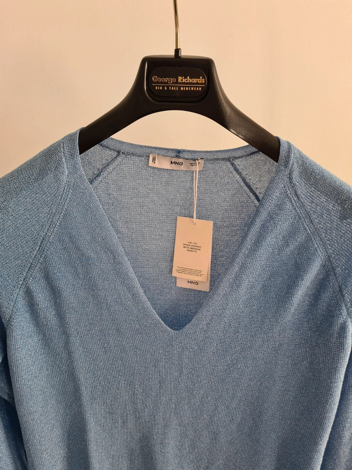 Mango women kling fine knit metalic jumper long sleeve plunge neck pastel blue casual XL/14