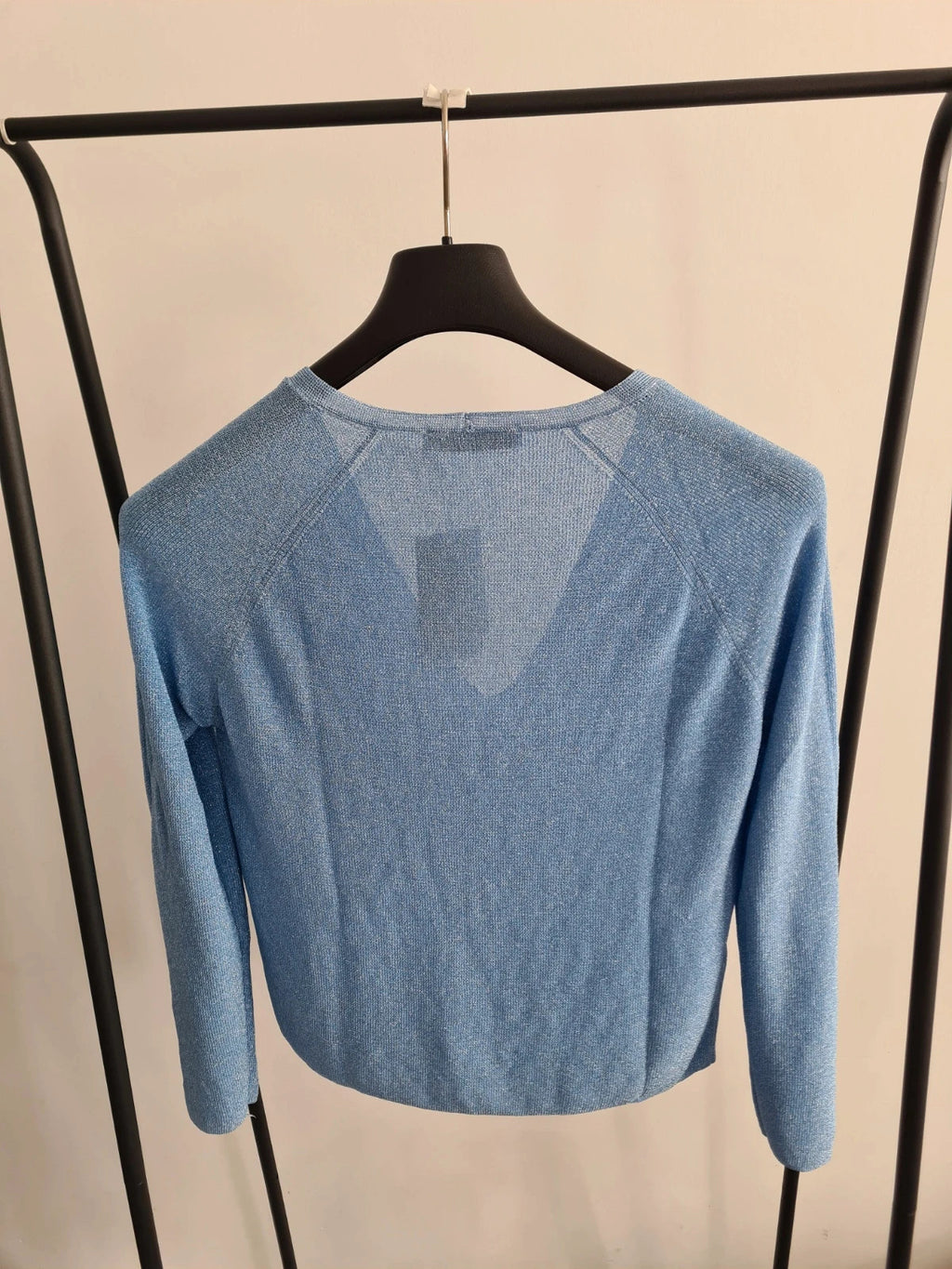 Mango women kling fine knit metalic jumper long sleeve plunge neck pastel blue casual XL/14