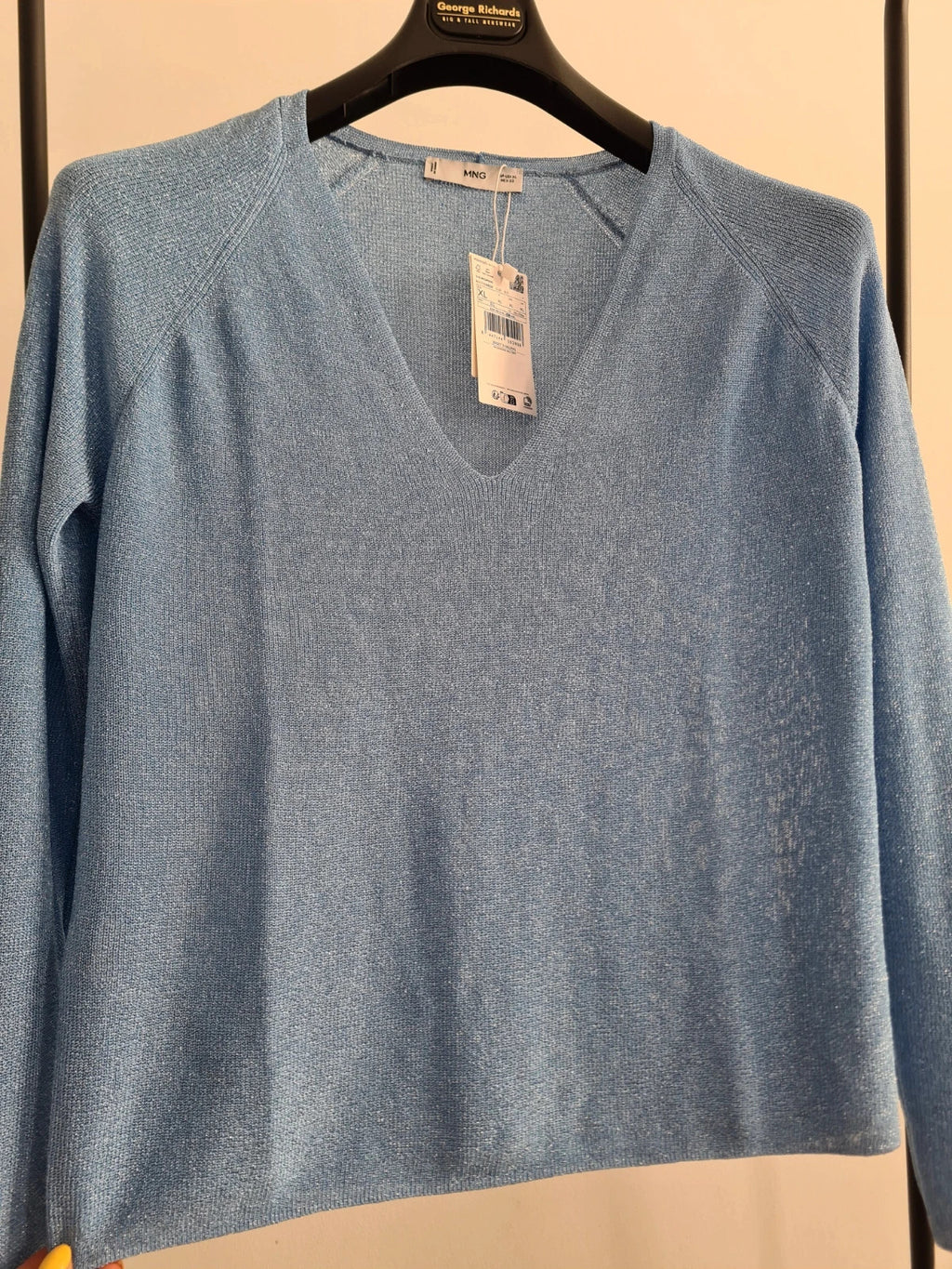 Mango women kling fine knit metalic jumper long sleeve plunge neck pastel blue casual XL/14
