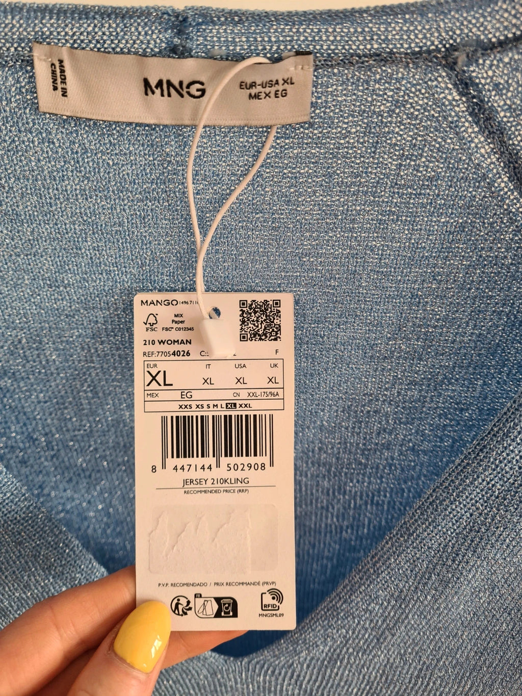 Mango women kling fine knit metalic jumper long sleeve plunge neck pastel blue casual XL/14