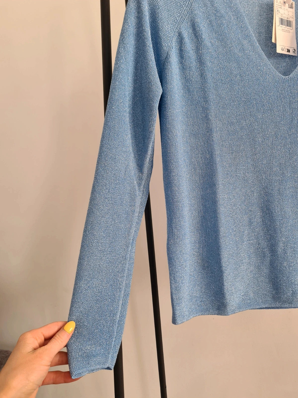 Mango women kling fine knit metalic jumper long sleeve plunge neck pastel blue casual XL/14