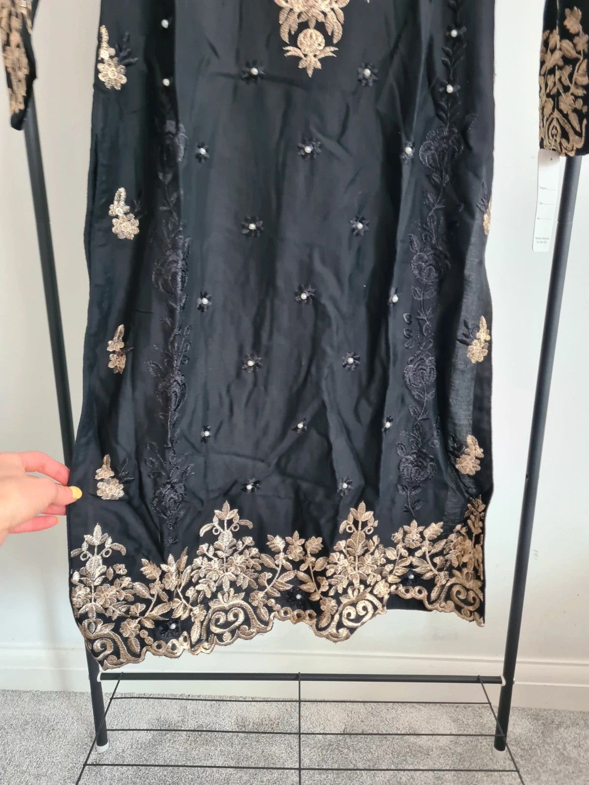 Memsaab women Pakistani Asian Indian black readymade linien suit pearl embroidered S