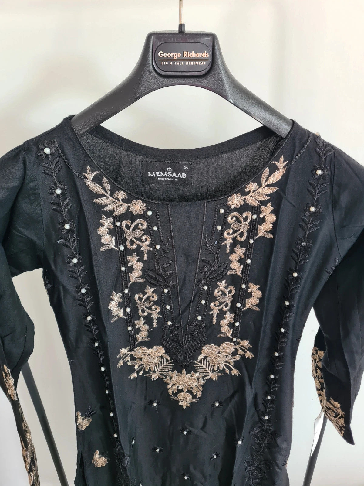 Memsaab women Pakistani Asian Indian black readymade linien suit pearl embroidered S