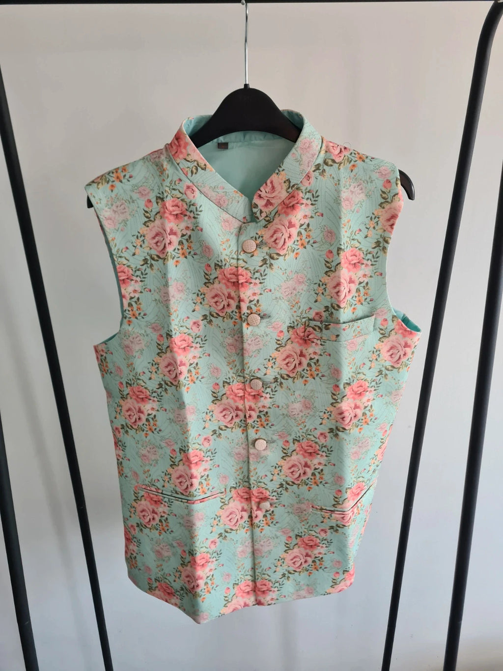 EllnaFashion men 3psc satin set Indian Muslim long shirt collar long sleeve pants floral waistcoat L