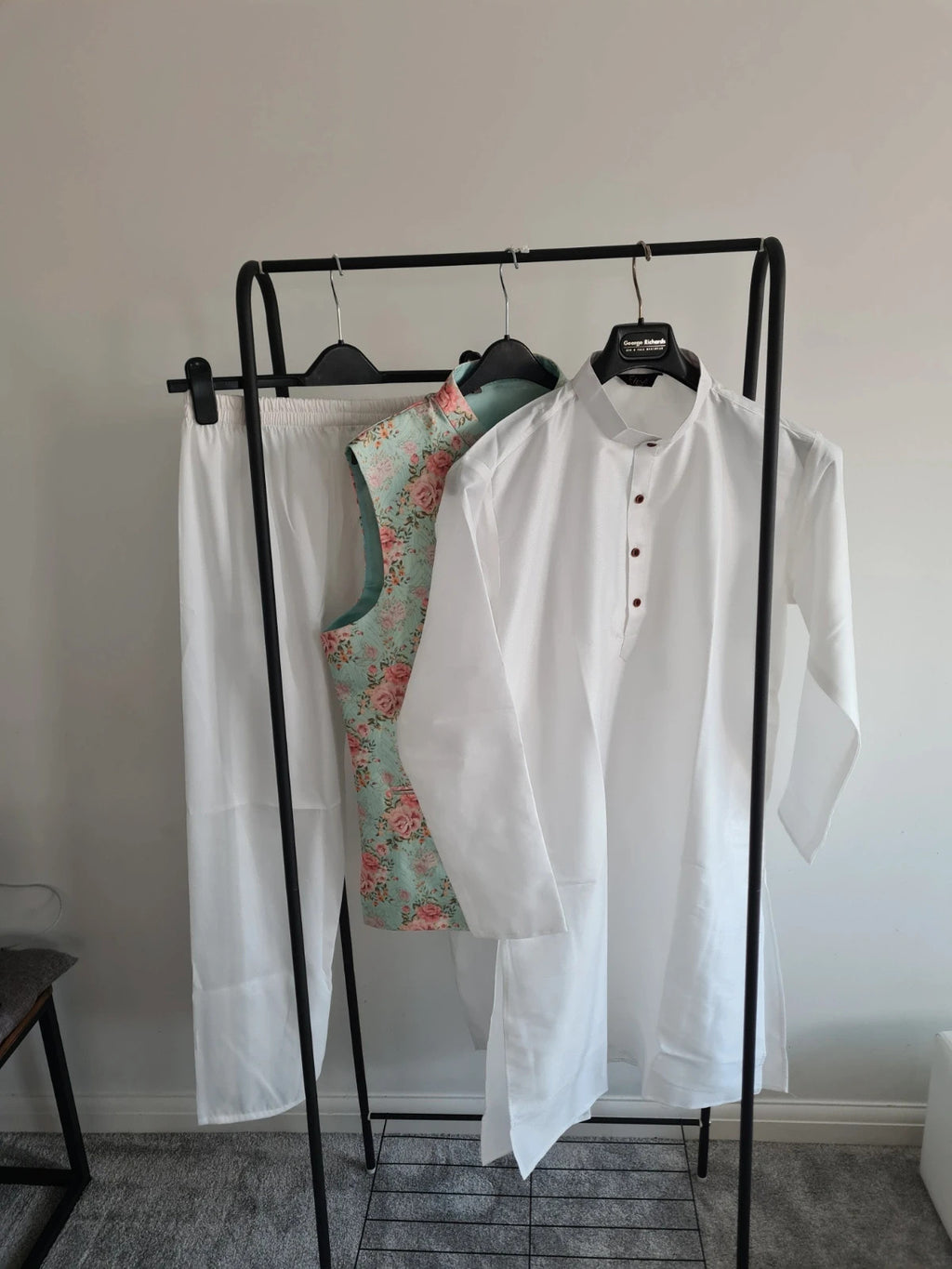 EllnaFashion men 3psc satin set Indian Muslim long shirt collar long sleeve pants floral waistcoat L
