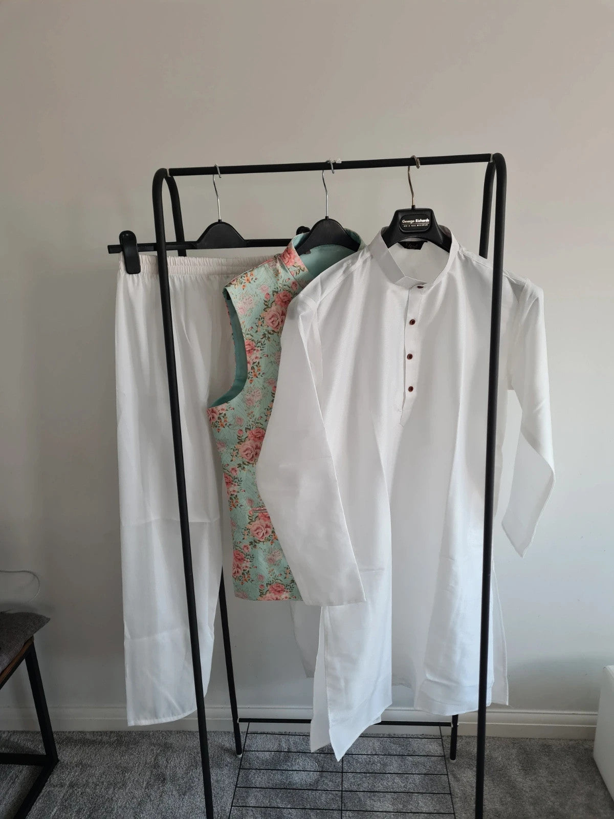 EllnaFashion men 3psc satin set Indian Muslim long shirt collar long sleeve pants floral waistcoat L