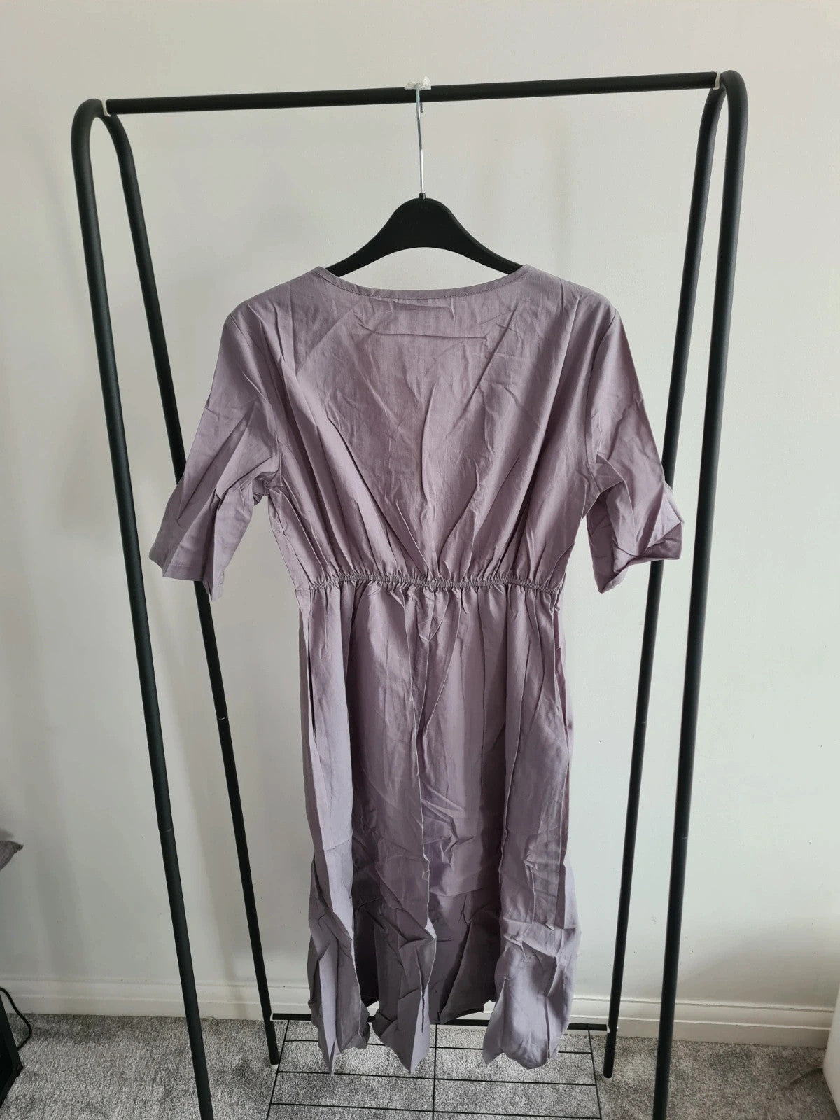 Shein women purple maxi dress short sleeve V-neck pockets flared hem summer beach casual dress S