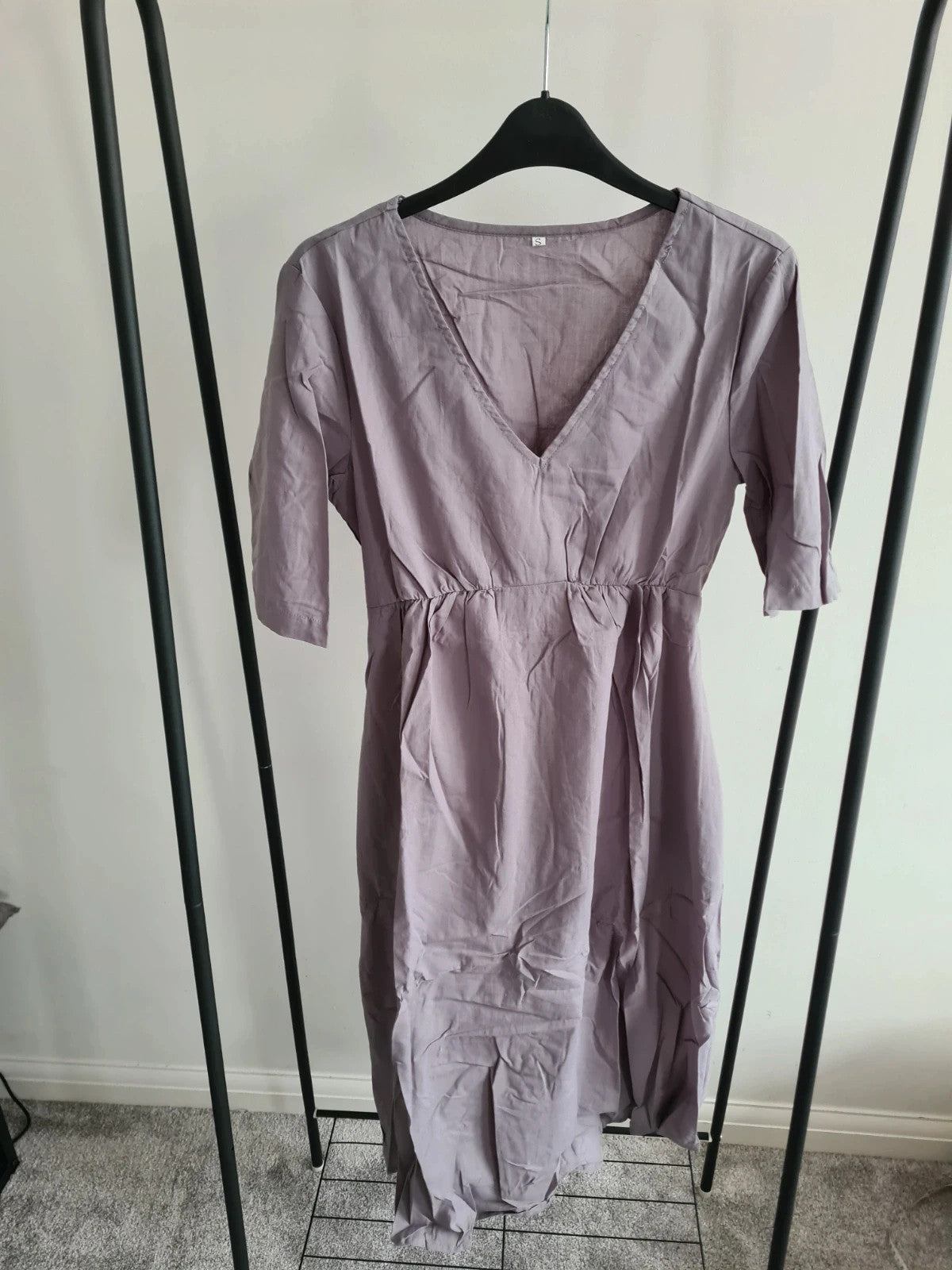 Shein women purple maxi dress short sleeve V-neck pockets flared hem summer beach casual dress S